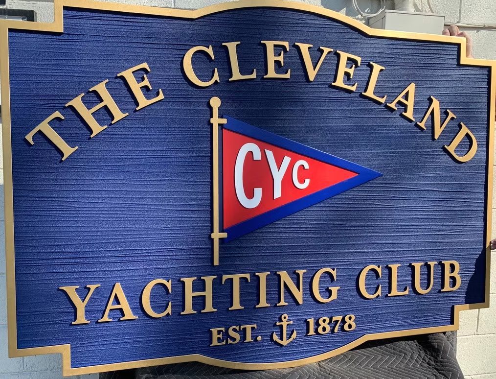Carved yacht club sign with dimensional letters and gold accents